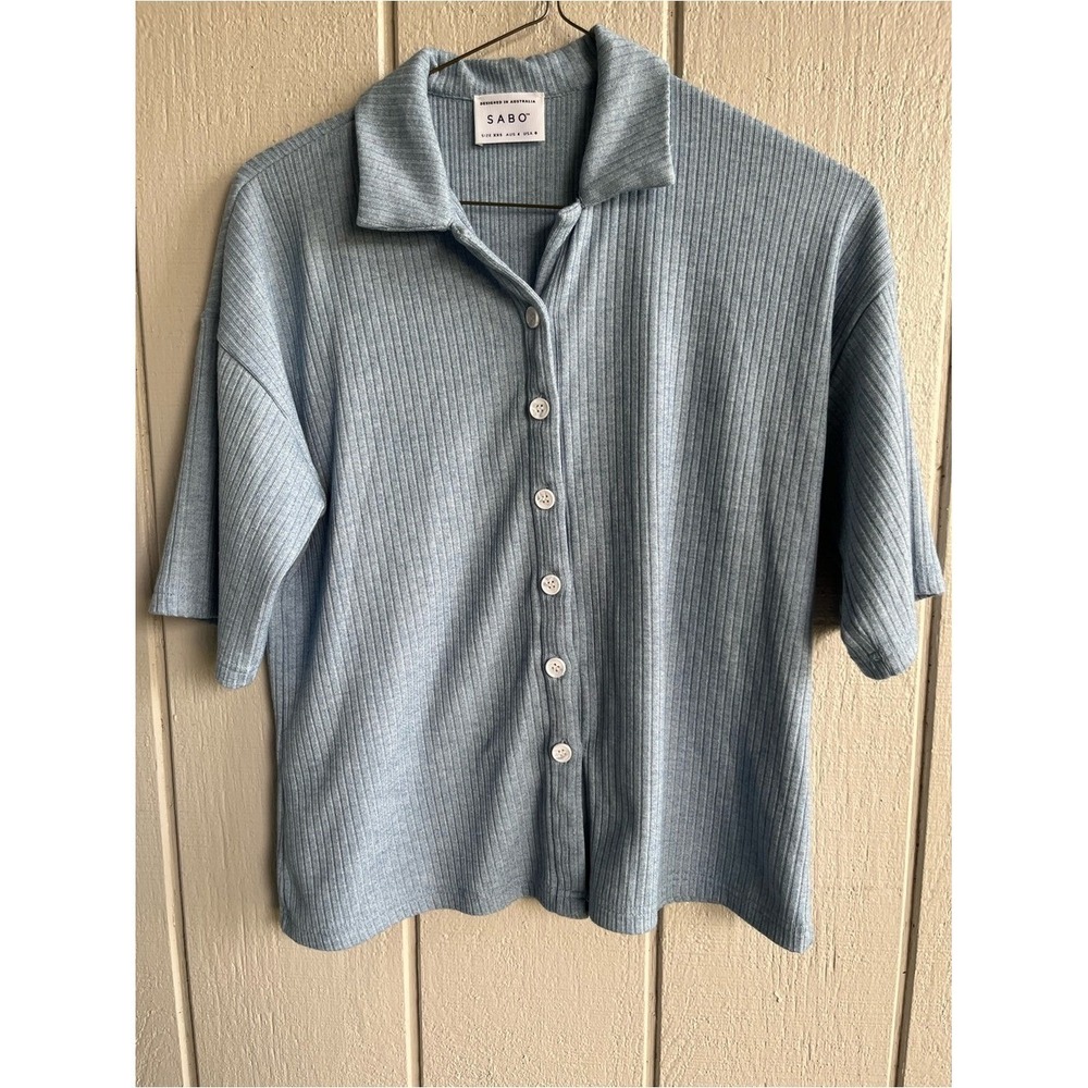 SABO‎ Kase Top Button Down Ribbed Knit in Aegean Blue Size XXS